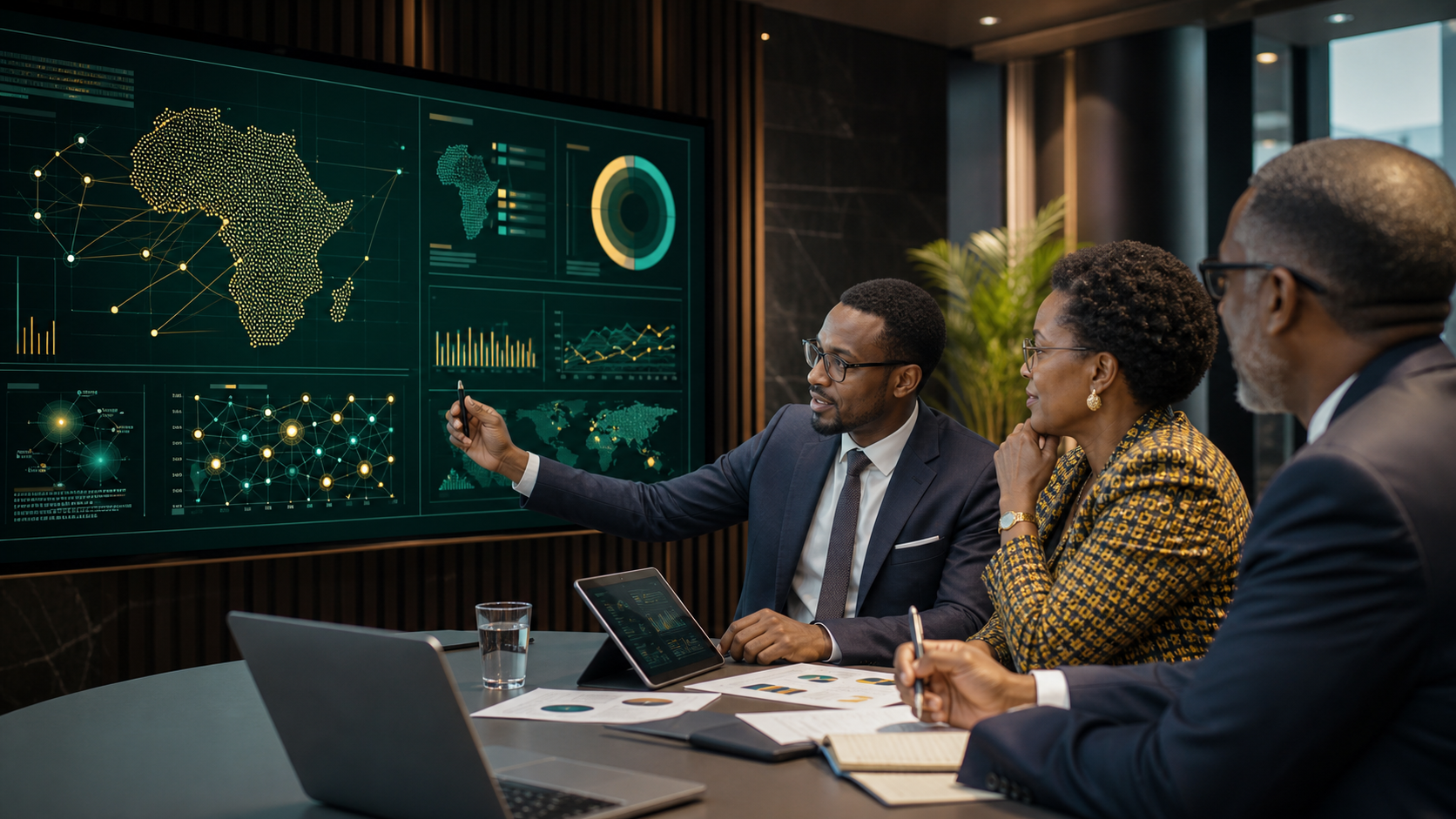 Research leaders reviewing African impact dashboards