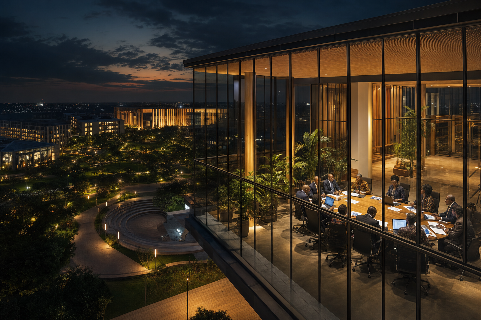 Executive boardroom overlooking a campus at dusk
